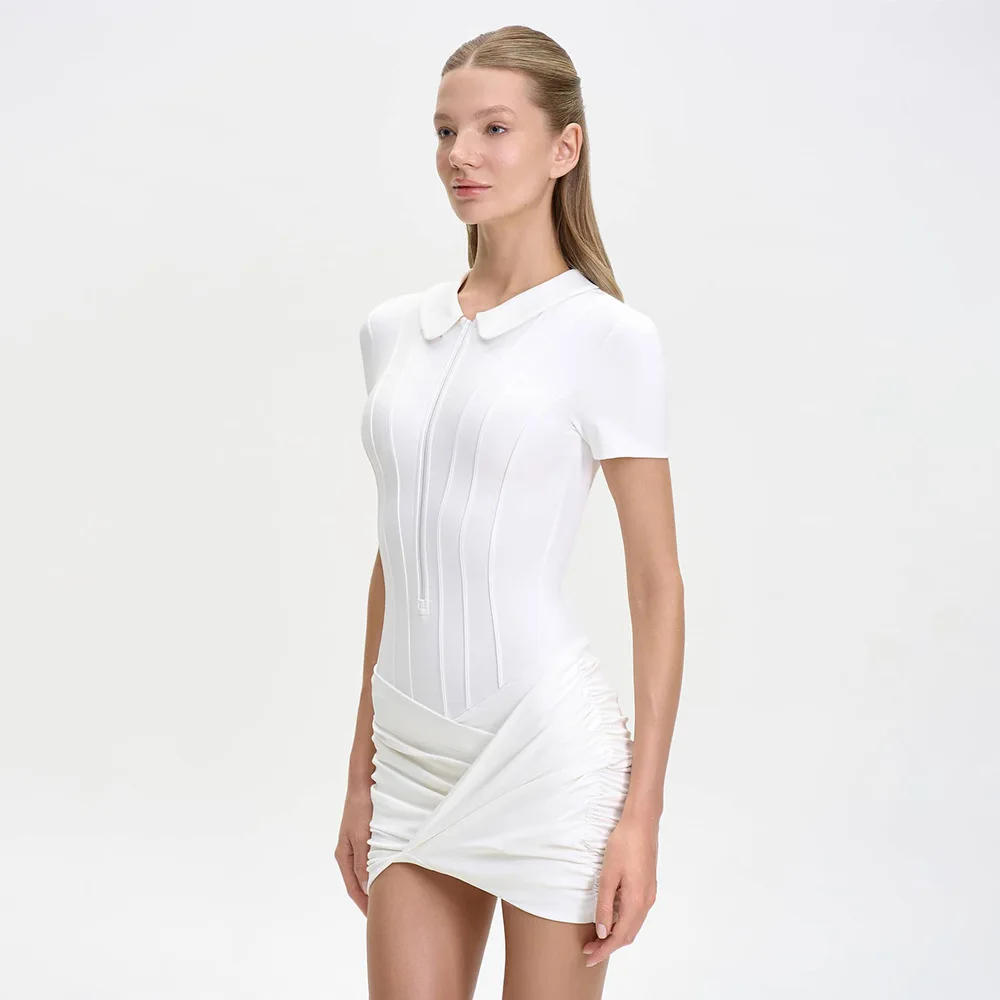 Modischer Plissee-Jumpsuit für Damen, Eleganter Kurzarm-Bodycon mit Reißverschluss und Revers, Sommerliche Alltags- und Streetwear – Detail 17
