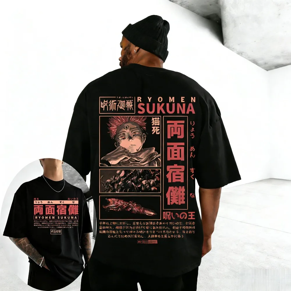 Camiseta Unisex de Algodón Puro de Jujutsu Kaisen Ryomen Sukuna, Camiseta de Verano 2026 con Estampado de Anime, Cuello Redondo, Holgada, de Manga Corta para la Familia
