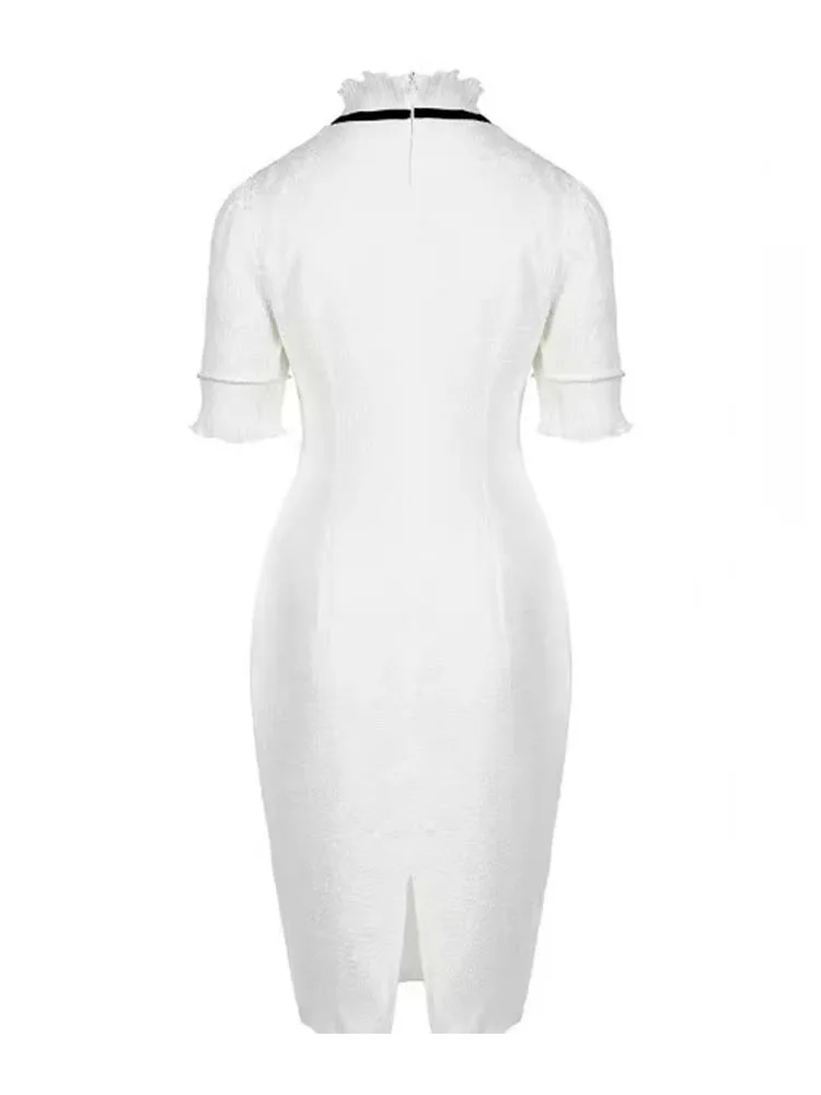 Women's Elegant Office Dress Beads Bowknot Decor Short Sleeve Party Dress