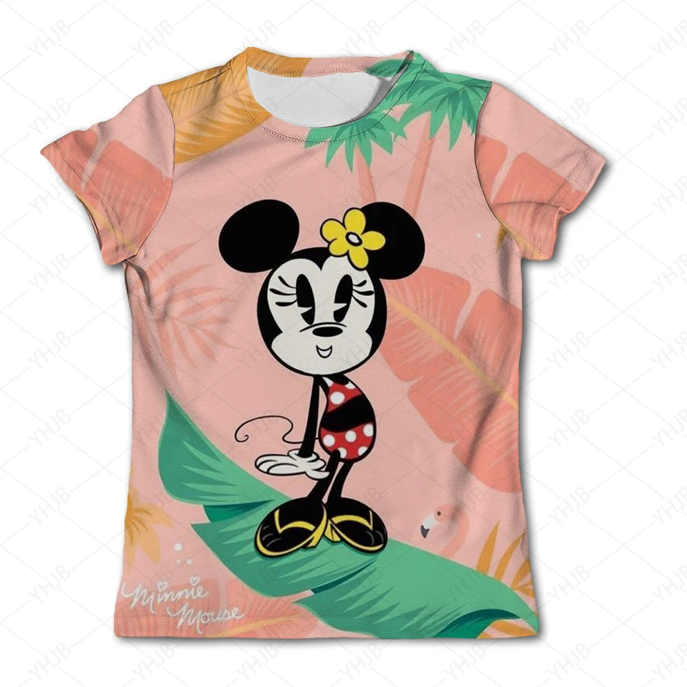 Disney 2024 New Minnie Mouse Head Print T Shirt New Hot Sale Tops Casual Cartoon Round Neck Clothes Baby Boys Girls Clothing