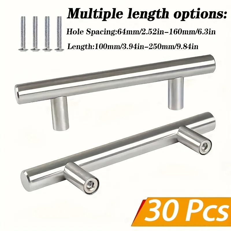 30Pcs Brushed Nickel SS T-Handles - Modern Durable Cabinet Hardware, Easy Grip, Anti-Corrosion for Kitchen/Office/Commercial