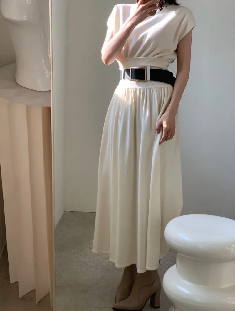 2025 Summer New Elegant Two Piece Set O-neck Short Sleeve Pullover Tops + High Waist Draped Ropa Mujer Korean Chic Woemn Suit