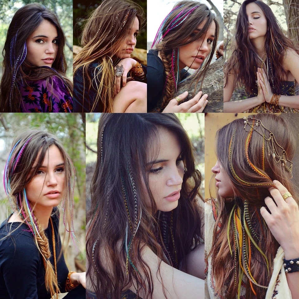 Extensiones de cabello con plumas, plumas sintéticas de colores, extensión de cabello falso colorido, cabello lacio de colores mezclados para mujer y niña 6