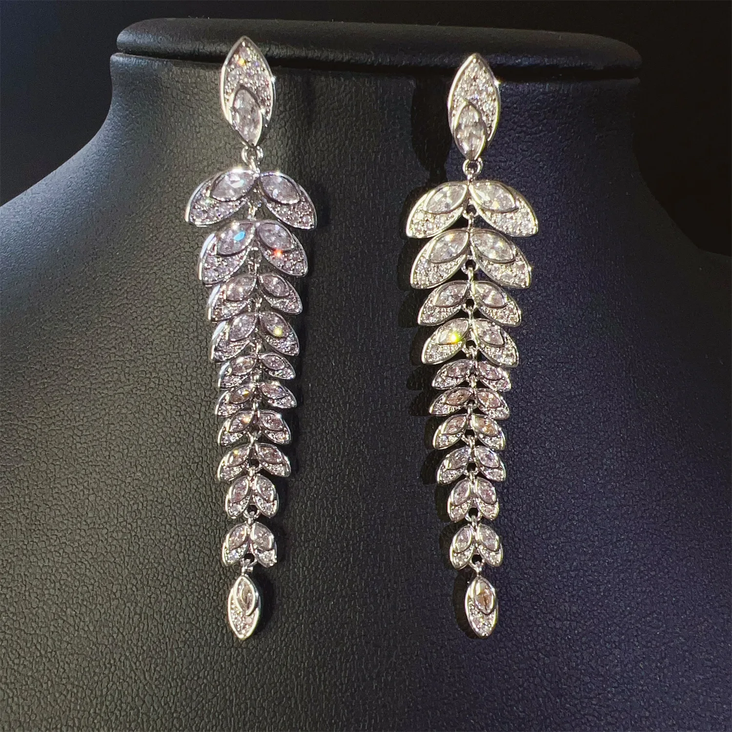 

shiny earrings leaf pendant silver color zirconia elegant luxury jewelry dinner party wedding women earrings long