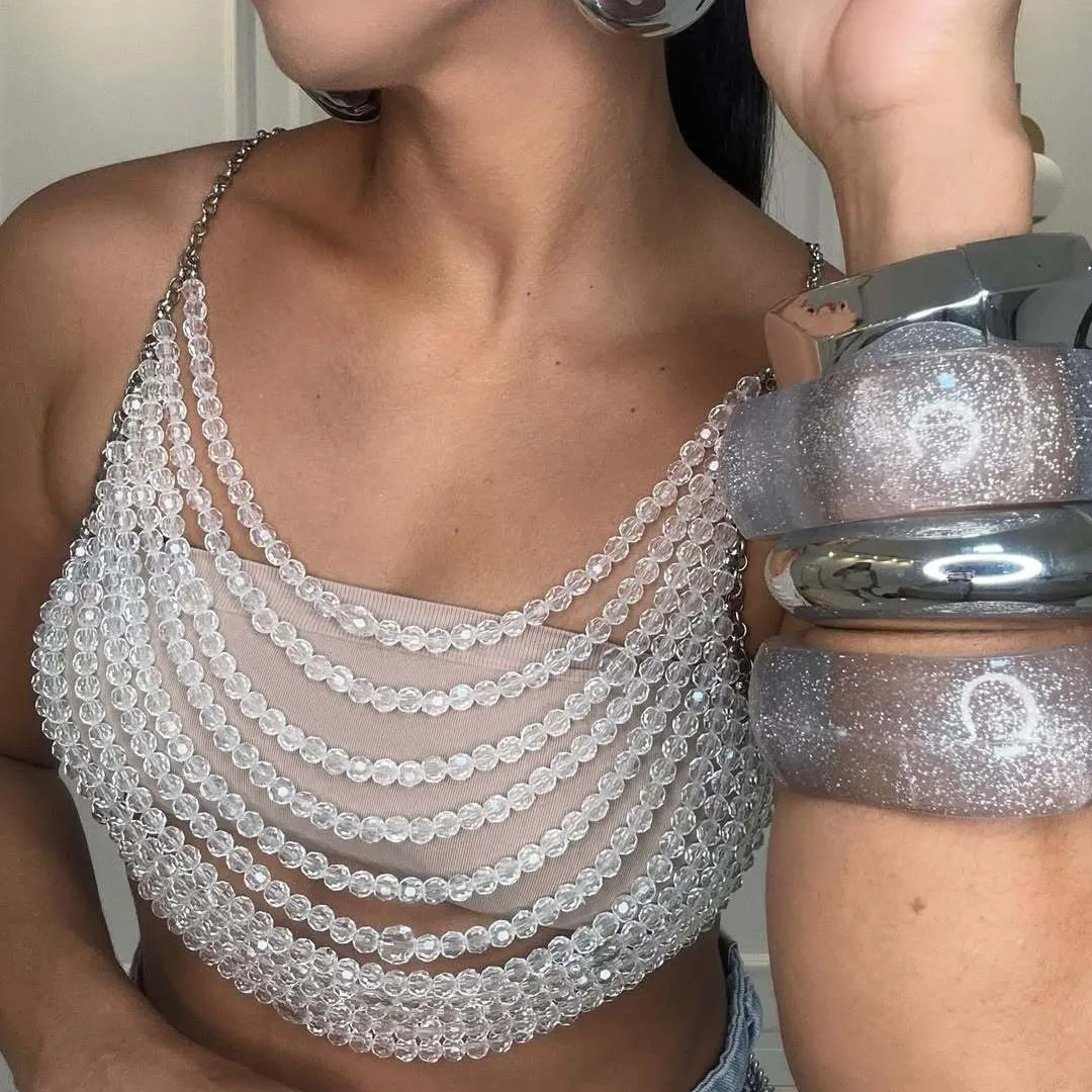 Europe and America  totally hand-made vest transparent chain hanging neck Pearl coat vest body chain chest chain real shot