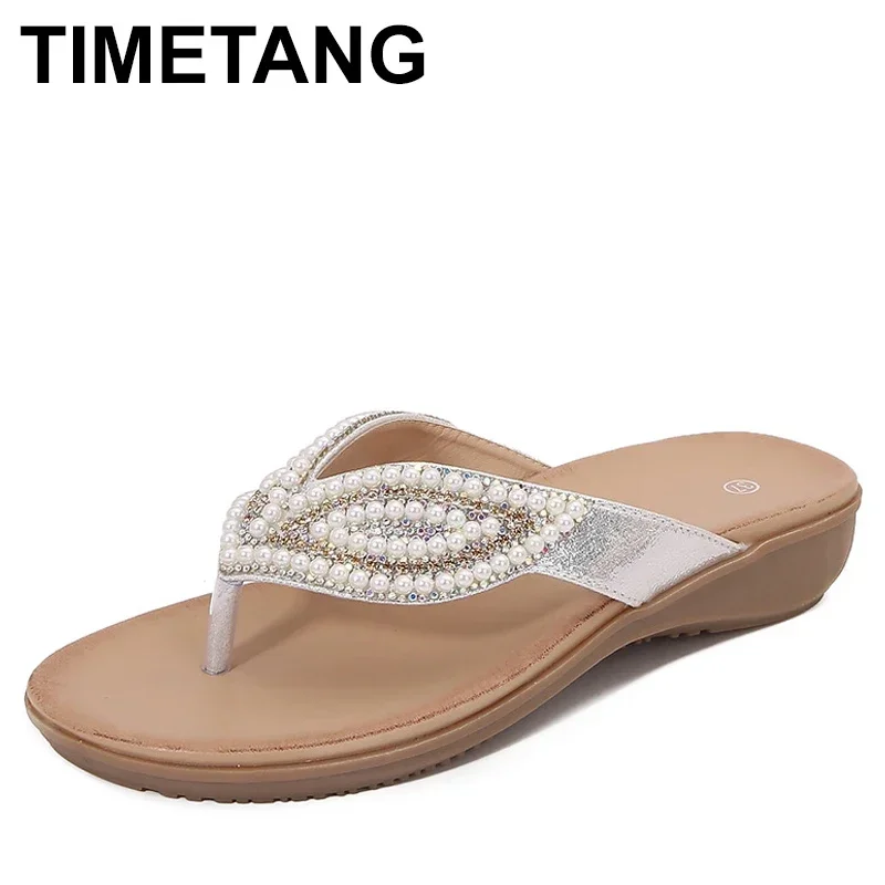 New Breathable Ladies Sandals Slippers Bohemia Rhinestone Pearl Butterfly Decorative Women\'s Shoes Summer Beach Dress Flip Flops