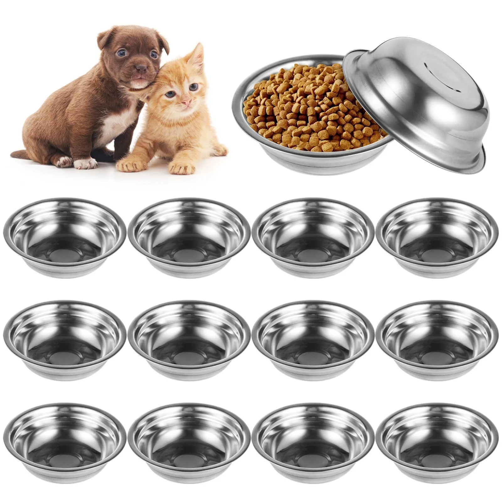 Cuencos para mascotas de acero inoxidable, cuencos para perros y gatos, platos de agua pequeños de Metal, platos planos anchos y aptos para bigote, cuencos de comida para gatos, 15 Uds.