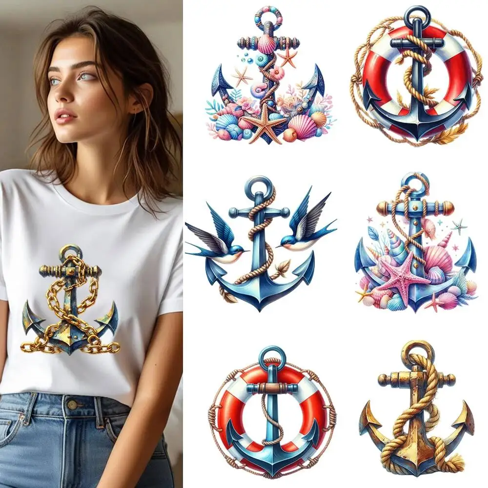 25CM Watercolor Ocean Theme Anchor Shell Heat Transfer Patches For Clothes DIY A-Level Washable Shirt Iron-on Thermal Sticker