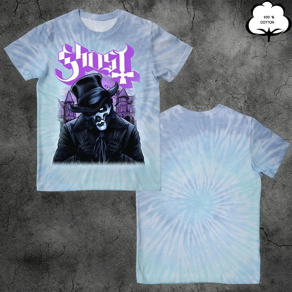 고스트 밴드 타이 염색 티셔츠 100% 코튼 캐주얼 반소매 남성 및 여성 스트리트 패션 레트로 해골 그래픽 프린트 탑