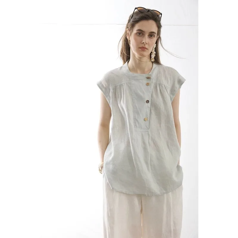 

High-End plus Size Women's Cotton Linen Loose Fit T-Shirt Fashionable Base Layer Shirt Artistic Commute Style round Neck Shor...
