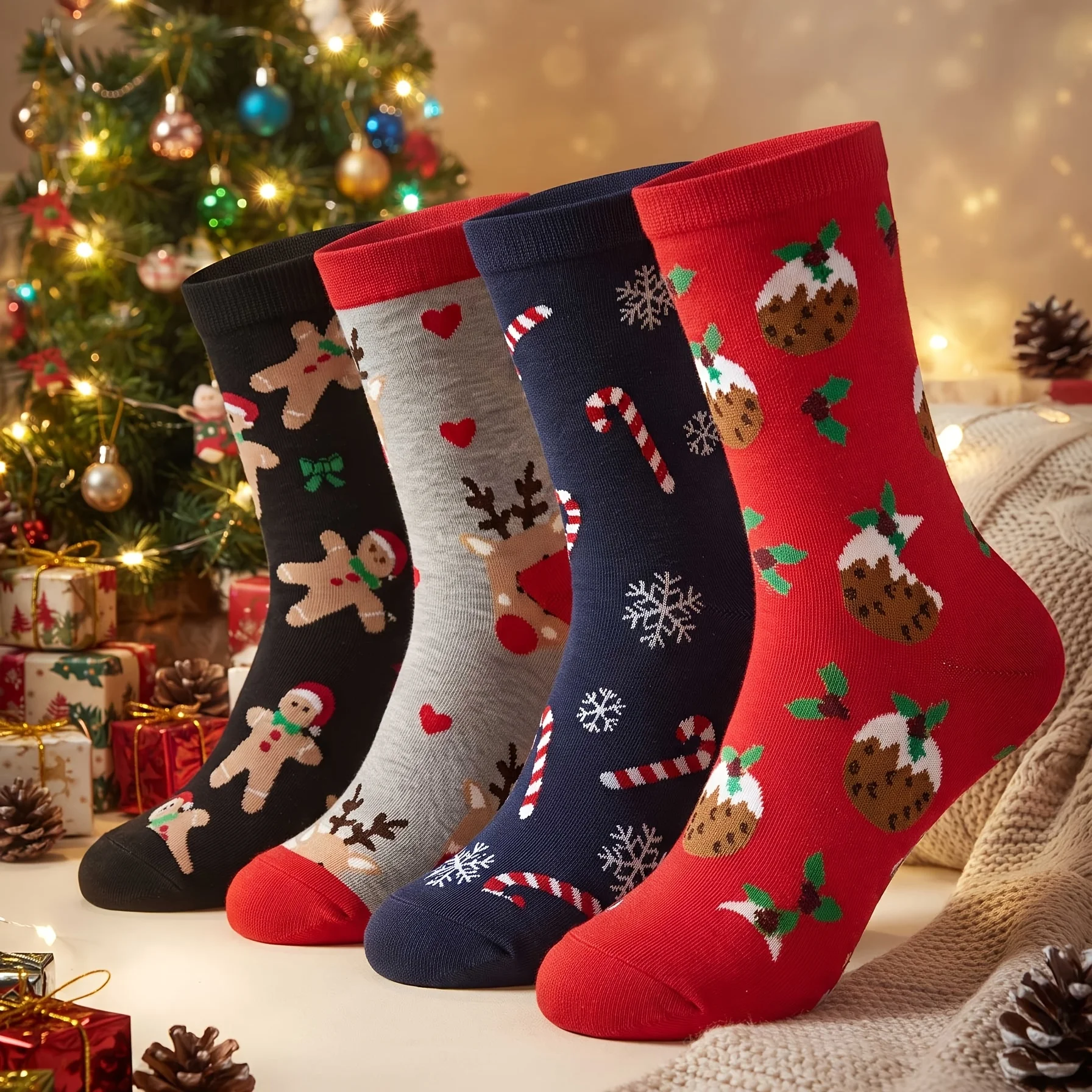 4 Pairs of Randomly Assorted Christmas-Themed Women's Mid-Calf Socks, Featuring Gingerbread Men, Reindeer, Candy Canes, and Snowflakes, Red Socks with a Christmas Vibe, Perfect Christmas Gifts, Christmas Decorations, and Matching Outfits for Christmas Parties