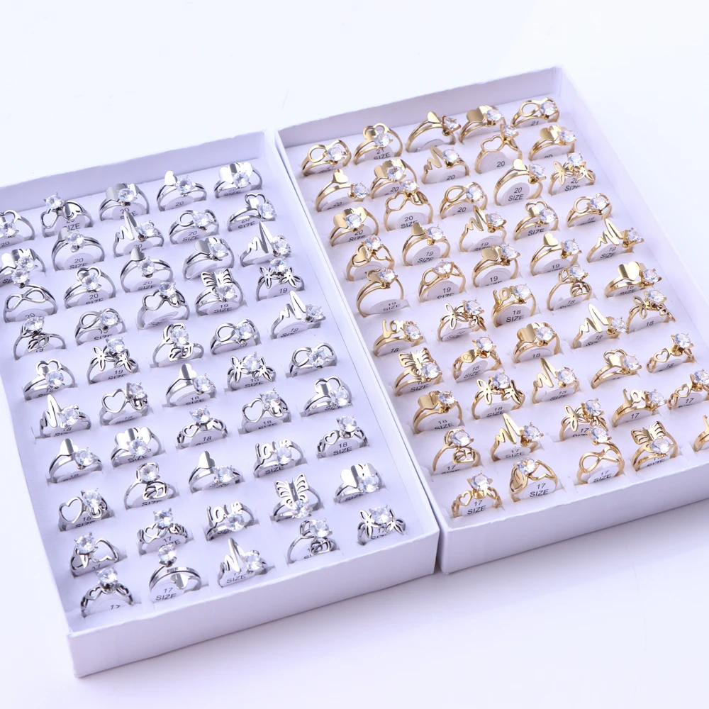 10/20/50Pcs/Lot Fashion Classic Zircon Hollow Stainless Steel Ring Women Mixed Style Wedding Engagement Jewelry Party Gifts