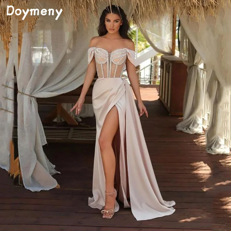 

Doymeny Satin Mermaid Evening Dress Side Split Off Shoulder Sweep Train Celebrity Formal Prom Gowns Vestido De Noche