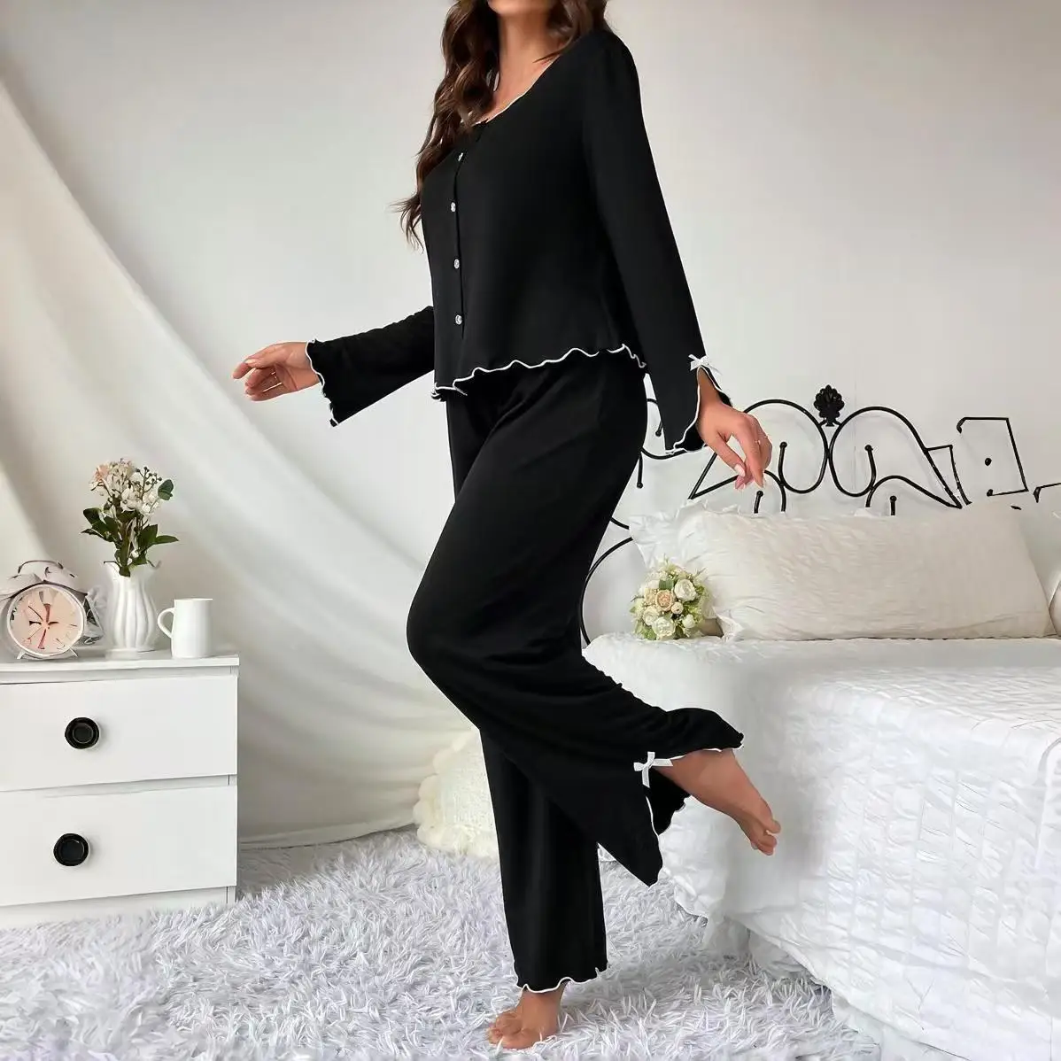 

Long Sleeve Button Pajamas Black Lettuce Edge Trousers Nighty for Woman Pajamas Fashion Loungewear Casual Homewear Two-piece Set