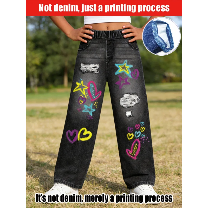 2026Children's Black Imitation Denim Wide-Leg Pants Colorful Heart and Star Print Distressed Outfit