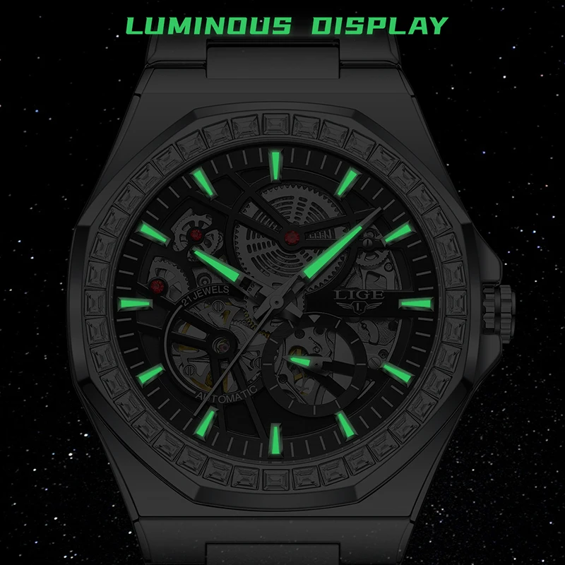 2026 LIGE جديد ساعة رجالية موضة الهيكل العظمي مقاوم للماء ساعة مضيئة الرجال الرياضة في الهواء الطلق التلقائي ساعات المعصم الميكانيكية للرجال