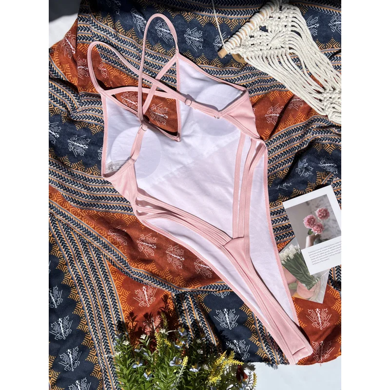 Women's Double New One-Piece Swimsuit Pure Color Bikini Swimsuit T-Backbikini6421