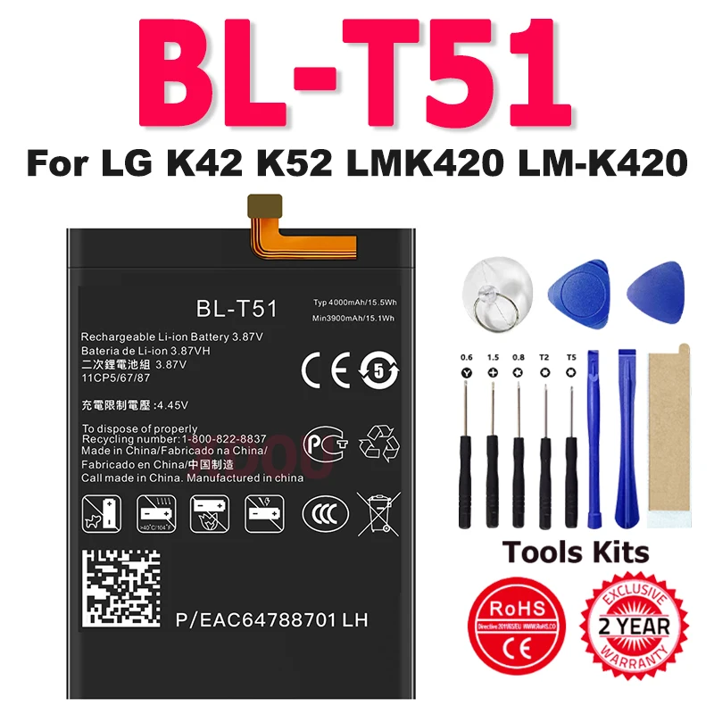 

Новый аккумулятор 4000 мАч BL-T51 для LG K42 K52 LMK420 LM-K420 аккумуляторы для мобильных телефонов + бесплатные инструменты