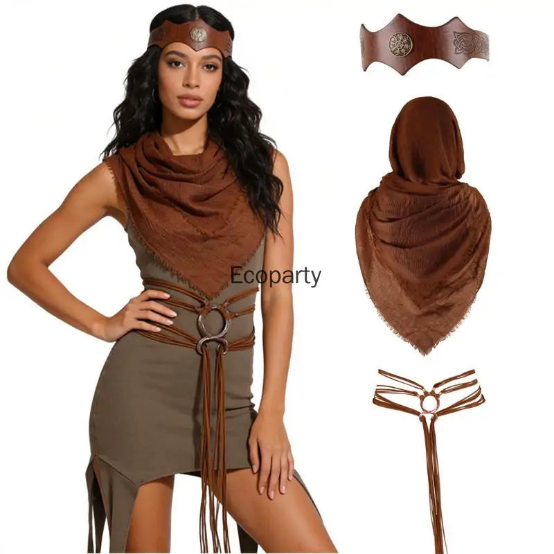 New Women Medieval Viking Costume Accessory 3pcs Set Punk Gothic Brown Scarf Headband Belt Suit Halloween Masquerade Dress Up