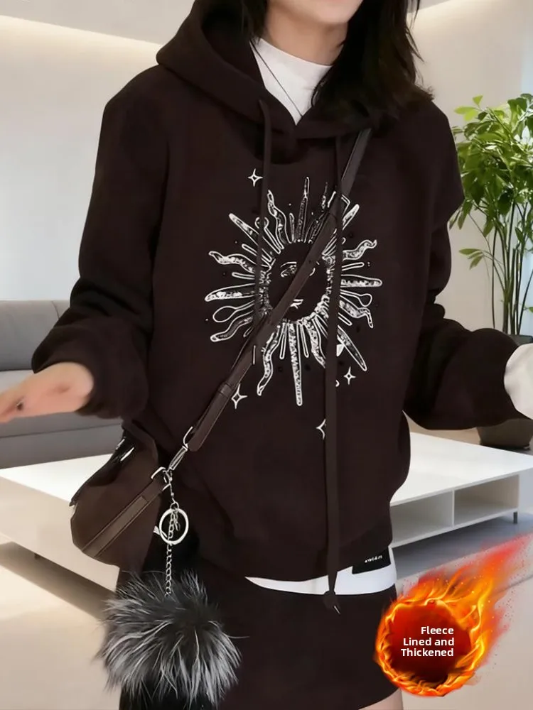 

Faionable Thiened Fce Hoodie Women's Winter New Design Printed Loose Slimming Top Trendy Long Sve Korean Sle