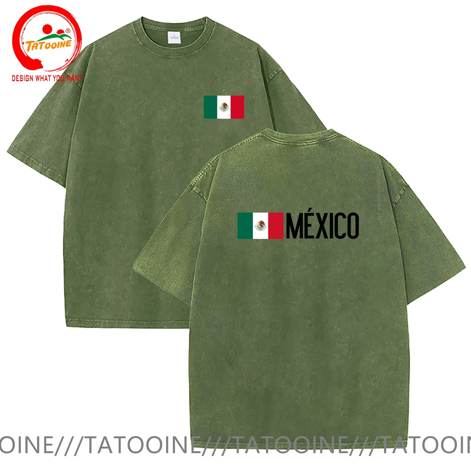 Vintage Washed Cotton T-Shirt Funny Designer Mexican Mexico Coat of Arms  T Shirt Men Fashion Trendy Casual Clothing Stylish Top