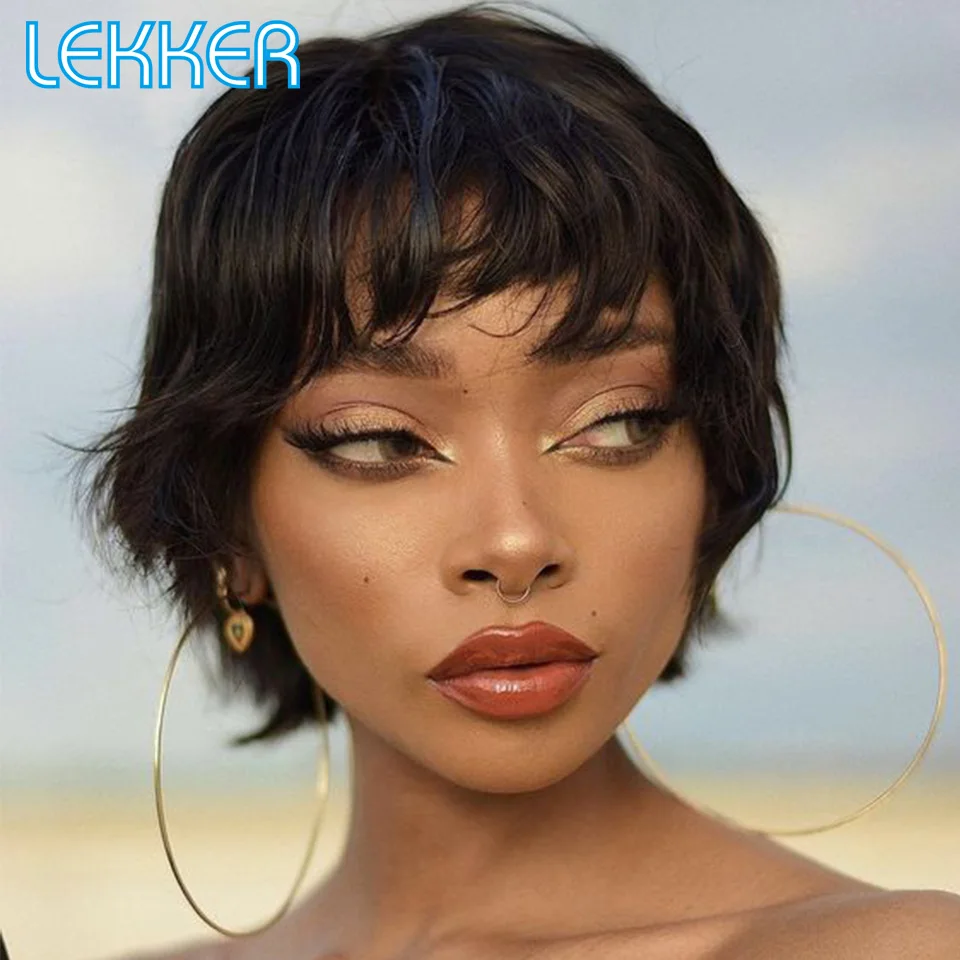 Lekker Colored Bob Short Pixie Cut Wolf Tail Mullet Human Hair Wigs With Bangs For Women Brazilian Remy Hair Straight Bob Wigs