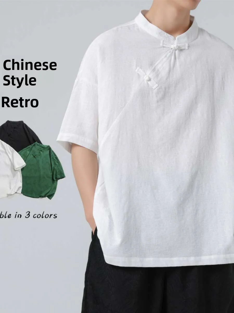 New Summer Chinese Style Shirt Collar Cotton Linen Short Sleeve Breathable Button up Men's T-Shirt Pure Color Lightweight
