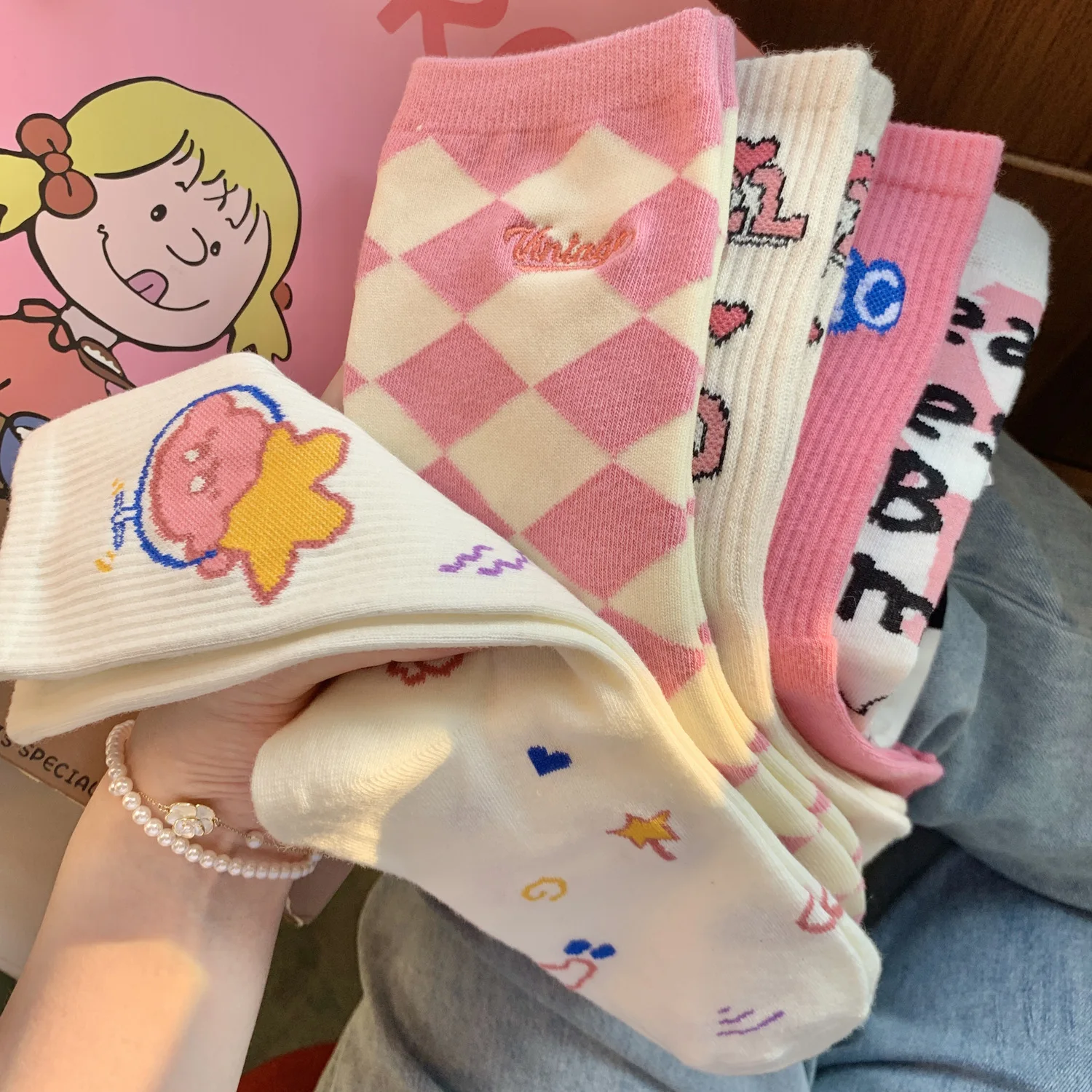 Calcetines rosas de dibujos animados lindos para mujeres dulces niñas estudiantes deportes calcetines de media pantorrilla