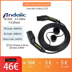 Cable de carga EV tipo 2 para vehículo eléctrico, Cable trifásico para estación EVSE, enchufe hembra a macho, 16A, 32A, 3,6 kW, 22kW