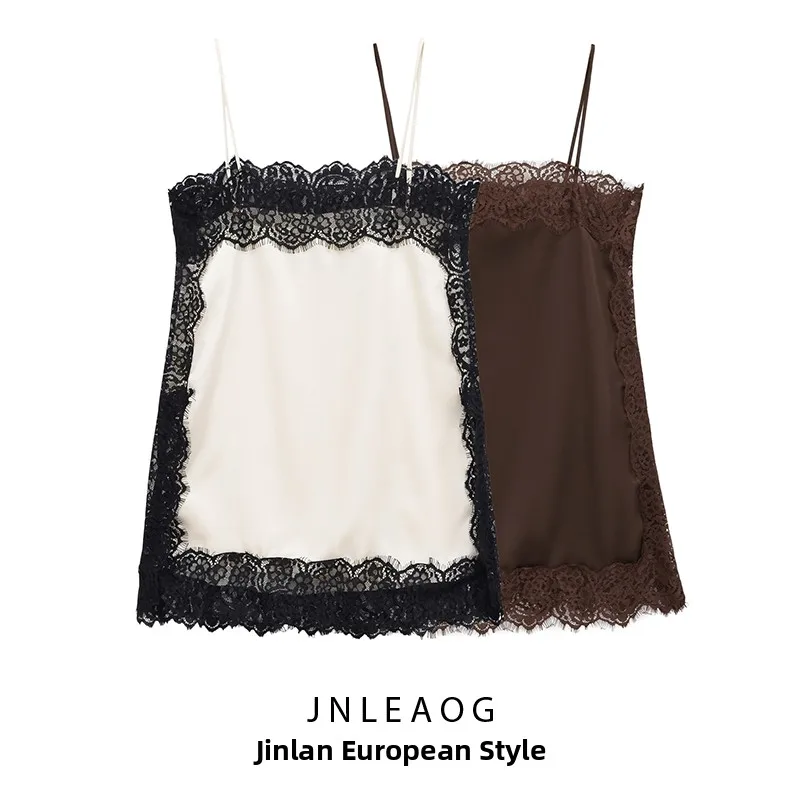 

JNLEAOG Autumn New Faion Silk Satin Feel Lace Top Women's Clothing Ele Sle Polyester Fiber Outerwear Ladies Vest