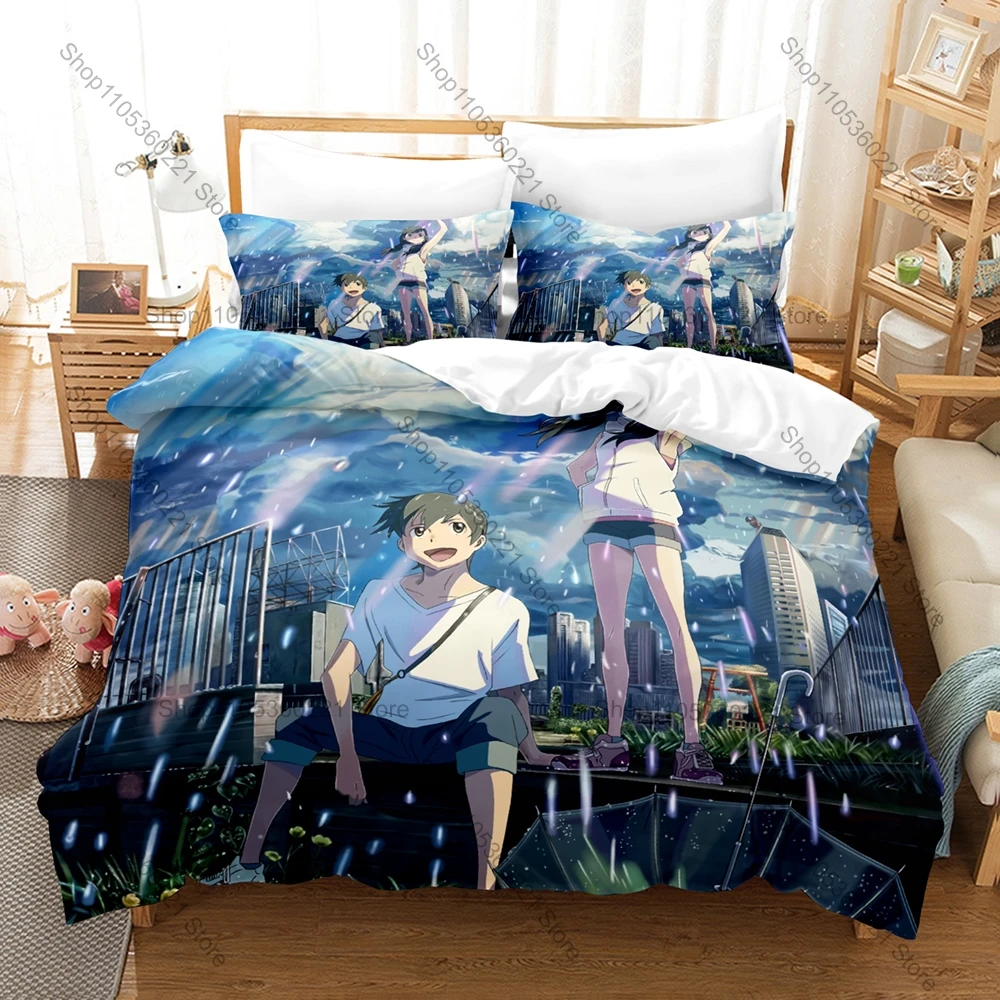 Anime Weathering With You Printed Bedding 3 Pieces Cozy Quilt Cover Pillowcase Skin-Friendly Bed Set for Teens Adults