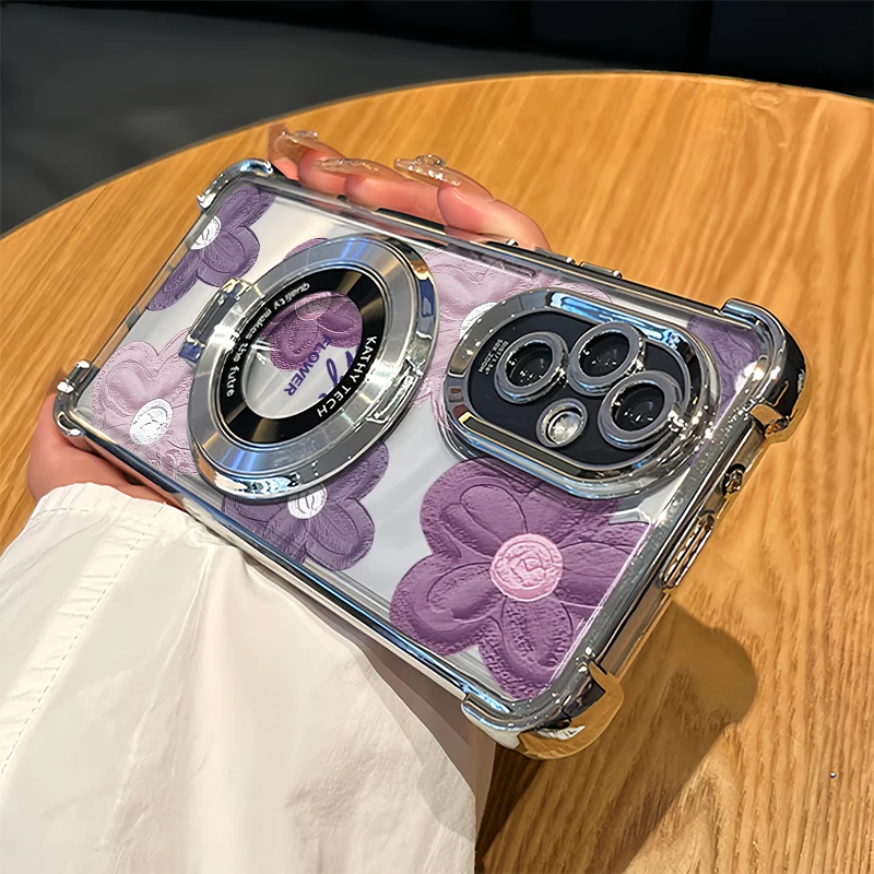 Plating Soft Phone Case For Vivo Y05 Y04 Y03 Y02S Y02A Y02 Y02T Y01 Luxury Shockproof Stand Holder Flower Floral Pattern Cover