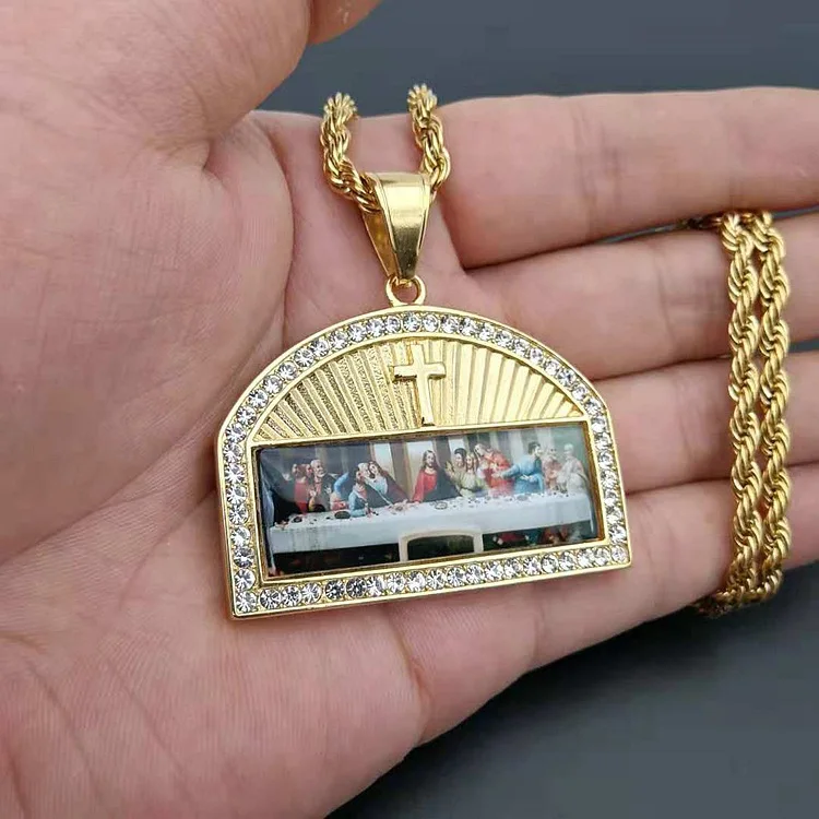 

Besiko Hip-Hop Last Supper Pendant Necklace Male Golden Stainless Steel Cross Full Zircon Necklaces For Men Religious Jewelry