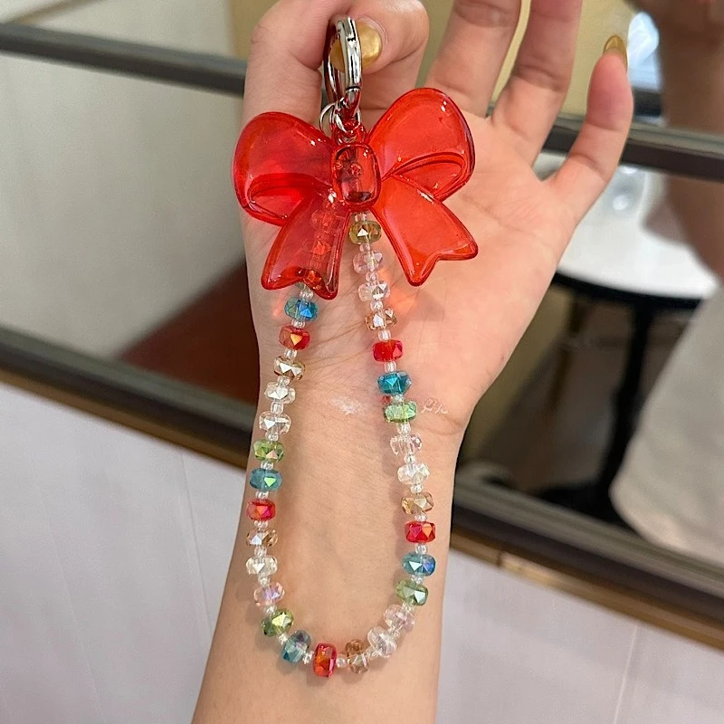 

Радужная модная цепочка для телефона с бантом и кристаллами, ручная работа, бисерная цепочка-подвеска для чехла на телефон, ремешок для телефона
