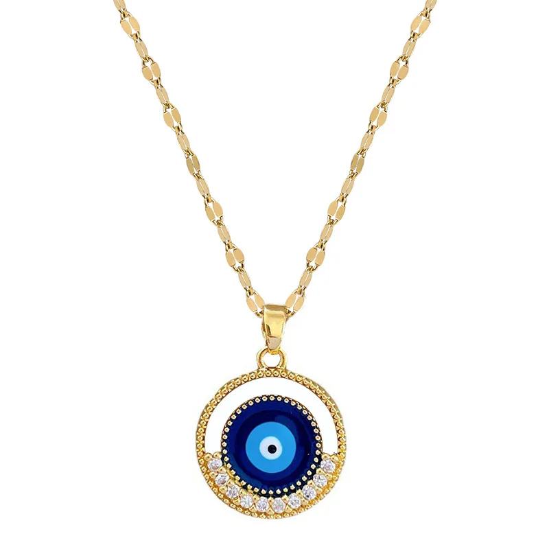 DIEYURO 316L Stainless Steel Round Blue Eyes Pendant Necklace For Women Girl New Retro Clavicle Chain Jewelry Gift Party bijoux