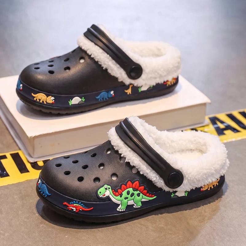 Winter Children Plush Clogs Warm Boys Slippers Sandals Cute Cartoon Dinosaur Fleece Lined Indoor Home Cotton Shoes for Boy