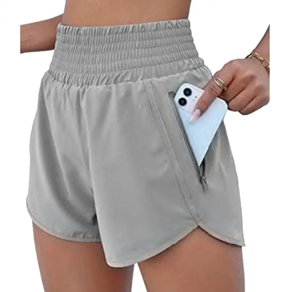 Wide-leg Athletic Shorts High Waist Wide Leg Sport Shorts with Pockets for Women Elastic Running Gym Shorts Solid Color Fake Two