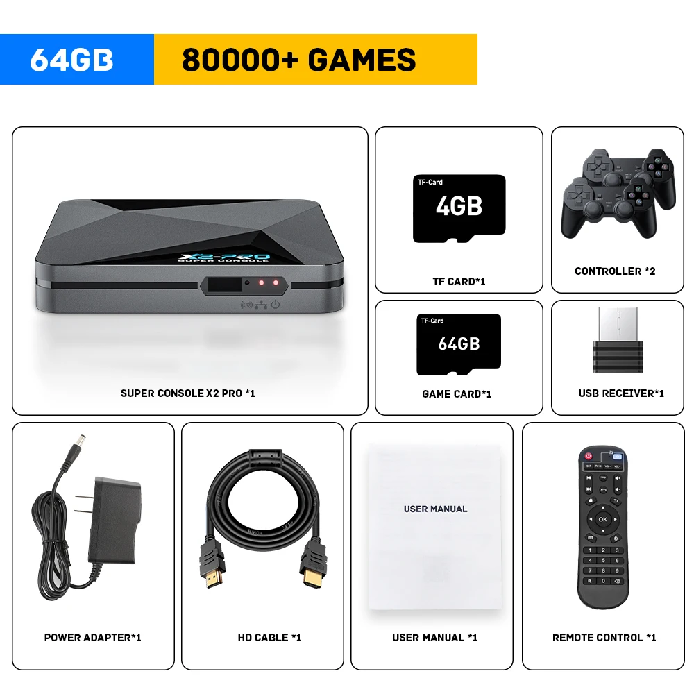 Super Console X2 PRO Has 100K+ Games, Compatible with 70+ Emulators,Retro Game Console Support 4K UHD, 2.4G+5.0 GWifi，BT 5.0