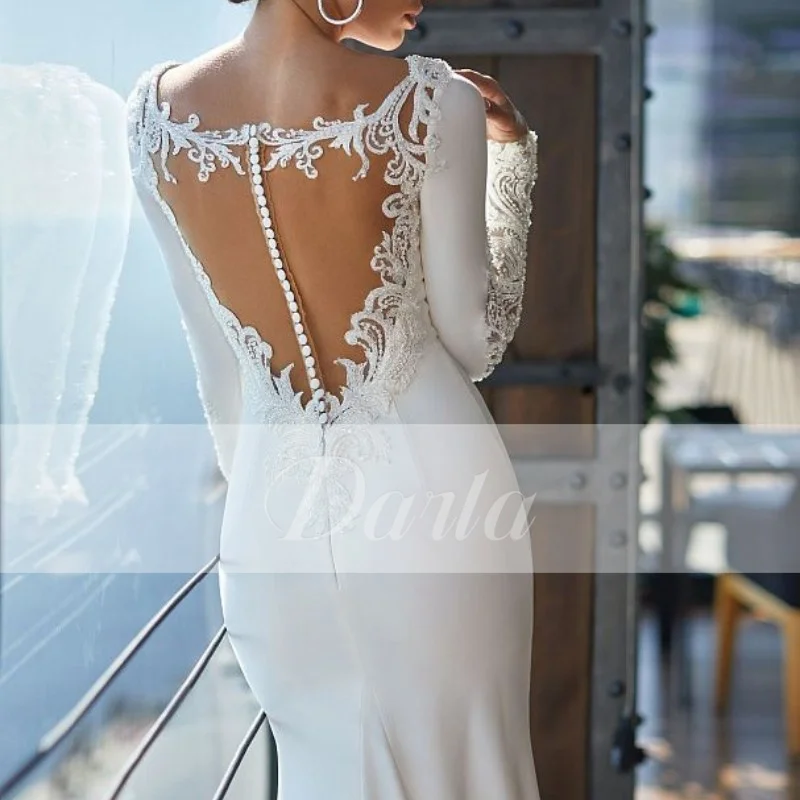 Morden Abito da sposa a sirena in raso O Collo Abiti da sposa lunghi con maniche lunghe Ricamo vintage Vestido de Novia Personalizzato 2025