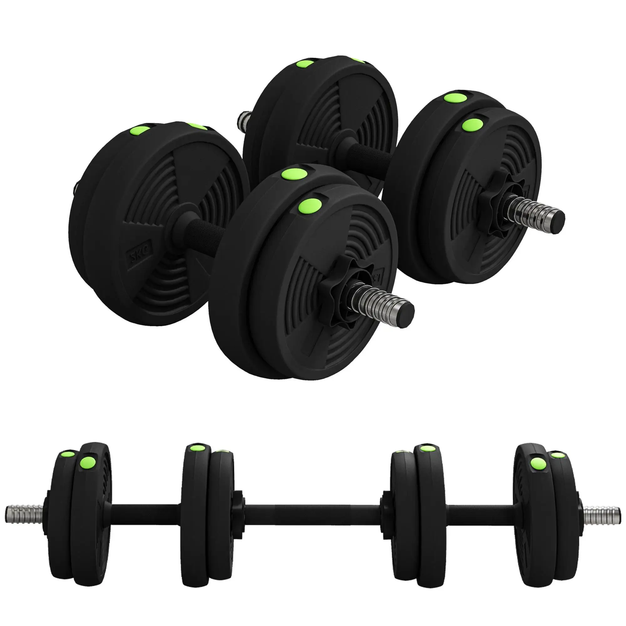 Ensemble d'haltères 2-en-1, courte haltère/barre, 15 kg, antidérapant, respectueux de l'environnement, Noir/Vert