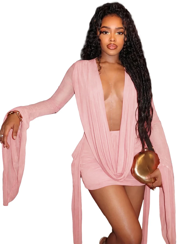 Modische Frühlings-Freizeitkleider für Damen, Transparentes Mesh-Kleid mit Tiefem V-Ausschnitt, Rückenfreies Langes Kleid mit Ausgestellten Ärmeln, Wickelkleid, Minikleid – Detail 4