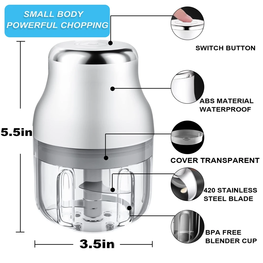 250ML Electric Garlic Chopper Wireless Mini Masher Press Chopper for Chopping and Slicing Onion Ginger Veggies Spice Baby Food