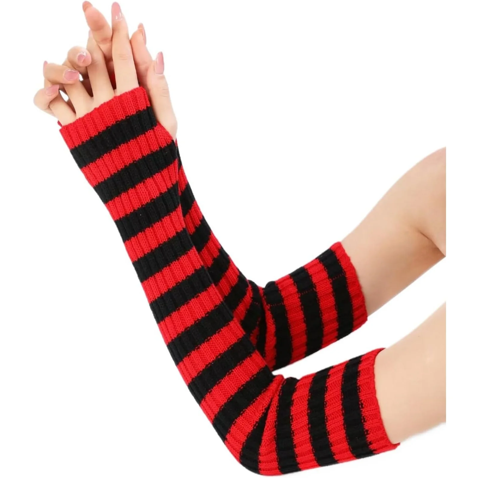 

Пара женских полосатых длинных перчаток без пальцев, теплые зимне-осенние грелки, стильные вязаные перчатки до локтя для женщин
