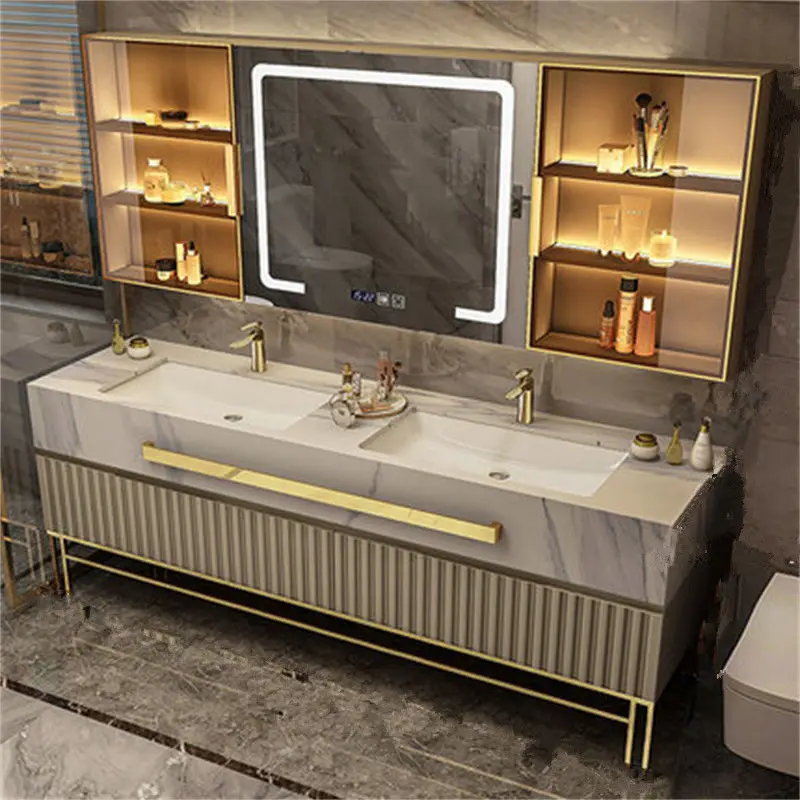 Deluxe Grooved Slate Countertop Double Sink Bathroom Cabinet Vanity with Smart Mirror