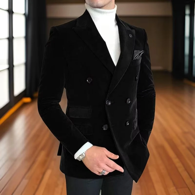Slim Fit Velvet Suits for Men 2024 Peak Lapel Double Breasted Blazer Customized Wedding Party Formal Occasion Groom Plus Size