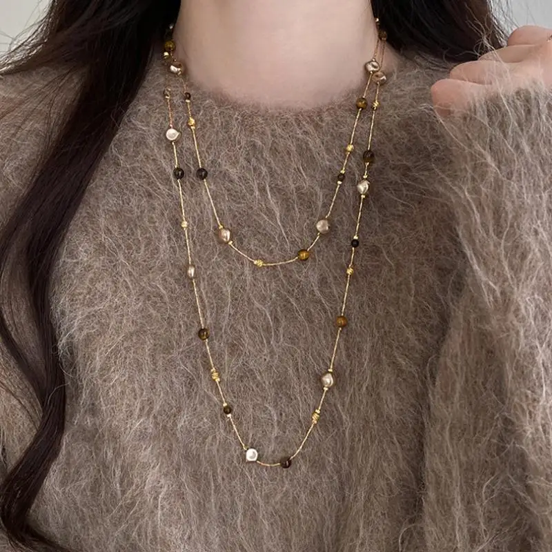 Autumn And Winter Long Tiger Eye Stone Pearl Beads Long Sweater Chain For Women's Popular Necklace New Jewelry Accessories