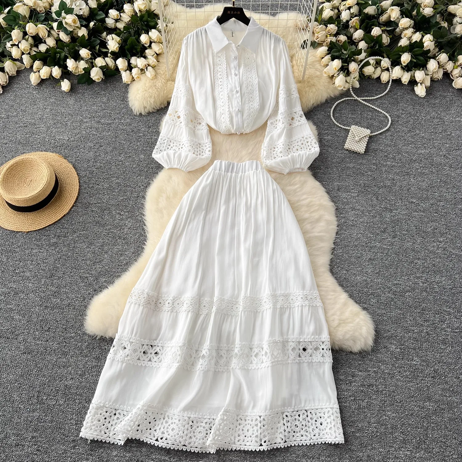 Vintage Embroidery Two Piece Set Women Long Sleeve Hollow Out Lace Blouses + High Elastic Waist Long Skirts Suit Female Outfits