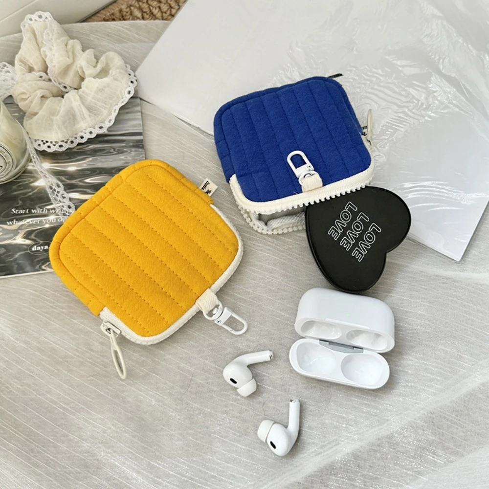 Quilting Seam Coin Pouch Polyester Cotton Square Earphone Storage Case Korean Style Lightweight Small Cosmetic Bag Travel