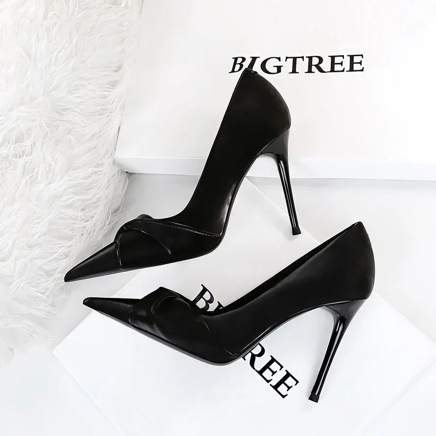 BIGTREE Design Pleated Butterfly-knot Women Pumps Pointed Toe High Heels Stiletto Sexy Party Wedding Ladies Shoes