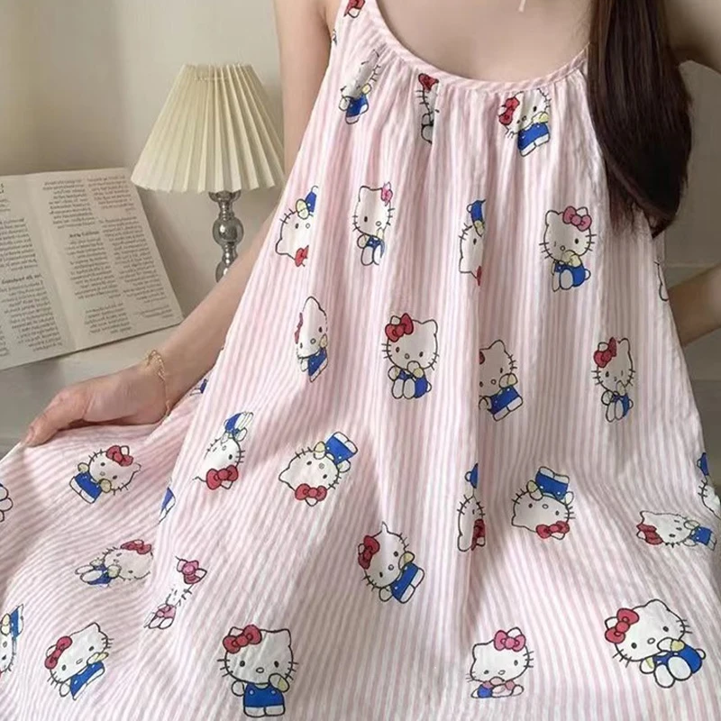 Cute Hello Kittys Women's Summer Built-In Bra Cami Midi Nightdress Cartoon Print Outdoor-Ready Elegant Sleepwear Loungewear